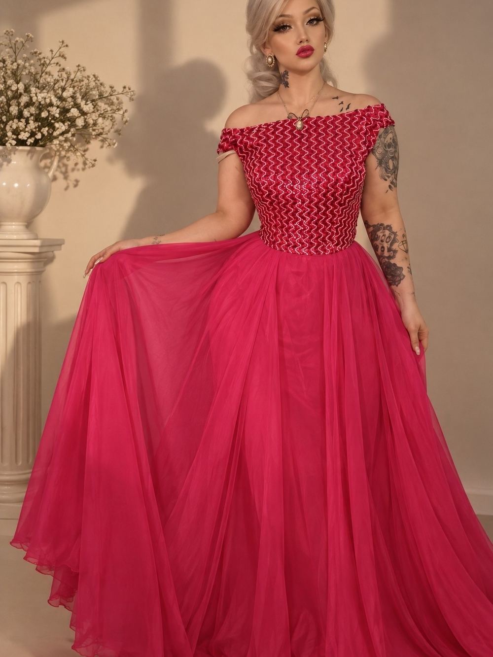 Vintage Femme Fashions Hot Pink Sequin Chiffon Gown w/ Original San Antonio Box
